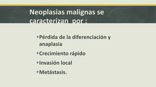 Neoplasias malignas se
caracterizan por :
Pérdida de la diferenciación y
anaplasia
Crecimiento rápido
Invasión local
Metástasis.
 