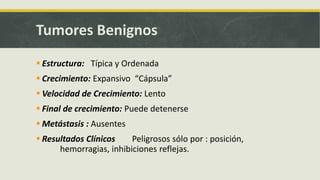 Tumores Benignos
 Estructura: Típica y Ordenada
 Crecimiento: Expansivo “Cápsula”
 Velocidad de Crecimiento: Lento
 Final de crecimiento: Puede detenerse
 Metástasis : Ausentes
 Resultados Clínicos Peligrosos sólo por : posición,
hemorragias, inhibiciones reflejas.
 