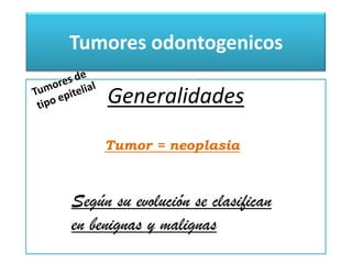 Tumores odontogenicos

     Generalidades
     Tumor = neoplasia



Según su evolución se clasifican
en benignas y malignas
 