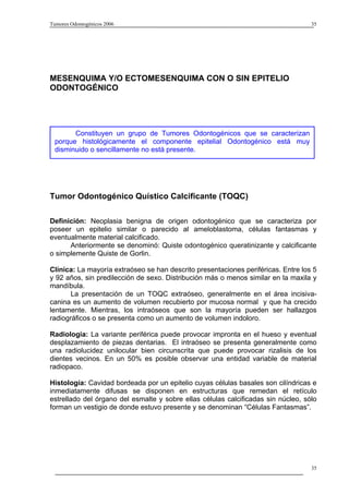 Tumores Odontogénicos 2006                                                         35




MESENQUIMA Y/O ECTOMESENQUIMA CON O SIN EPITELIO
ODONTOGÉNICO




       Constituyen un grupo de Tumores Odontogénicos que se caracterizan
 porque histológicamente el componente epitelial Odontogénico está muy
 disminuido o sencillamente no está presente.




Tumor Odontogénico Quístico Calcificante (TOQC)

Definición: Neoplasia benigna de origen odontogénico que se caracteriza por
poseer un epitelio similar o parecido al ameloblastoma, células fantasmas y
eventualmente material calcificado.
      Anteriormente se denominó: Quiste odontogénico queratinizante y calcificante
o simplemente Quiste de Gorlin.

Clínica: La mayoría extraóseo se han descrito presentaciones periféricas. Entre los 5
y 92 años, sin predilección de sexo. Distribución más o menos similar en la maxila y
mandíbula.
       La presentación de un TOQC extraóseo, generalmente en el área incisiva-
canina es un aumento de volumen recubierto por mucosa normal y que ha crecido
lentamente. Mientras, los intraóseos que son la mayoría pueden ser hallazgos
radiográficos o se presenta como un aumento de volumen indoloro.

Radiología: La variante periférica puede provocar impronta en el hueso y eventual
desplazamiento de piezas dentarias. El intraóseo se presenta generalmente como
una radiolucidez unilocular bien circunscrita que puede provocar rizalisis de los
dientes vecinos. En un 50% es posible observar una entidad variable de material
radiopaco.

Histología: Cavidad bordeada por un epitelio cuyas células basales son cilíndricas e
inmediatamente difusas se disponen en estructuras que remedan el retículo
estrellado del órgano del esmalte y sobre ellas células calcificadas sin núcleo, sólo
forman un vestigio de donde estuvo presente y se denominan “Células Fantasmas”.




                                                                                   35
 
