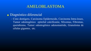 AMELOBLASTOMA
■ Diagnóstico diferencial
– Cisto dentígero, Carcinoma Epídermoide, Carcinoma Intra-ósseo,
Tumor odontogênico epitelial calcificante, Mixomas, Fibromas,
querubismo, Tumor odontogênico adenomatóide, Granuloma de
células gigantes, etc.
 