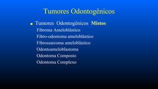 Tumores Odontogênicos
■ Tumores Odontogênicos Mistos
Fibroma Ameloblástico
Fibro-odontoma ameloblástico
Fibrossarcoma ameloblástico
Odontoameloblastoma
Odontoma Composto
Odontoma Complexo
 