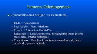 Tumores Odontogénicos
■ Cementoblastoma benigno ou Cementoma
– Idade Adolescentes
– Localização Prem. inferiores
– Clínica Assimetría, Dor (61%)
– Radiología Lesão circunscrita, pseudocística (zona externa
radiolúcida, interna radiopaca)
– Tratamiento Enucleação do tumor e exodontia do dente
envolvido, quando indicada.
 