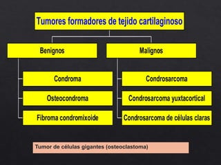 Condroma
Osteocondroma
Fibroma condromixoide
Benignos
Condrosarcoma
Condrosarcoma yuxtacortical
Condrosarcoma de células claras
Malignos
Tumores formadores de tejido cartilaginoso
Tumor de células gigantes (osteoclastoma)
 