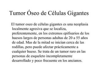 Tumor Óseo de Células Gigantes
El tumor oseo de células gigantes es una neoplasia
localmente agresiva que se localiza,
preferentemente, en los extremos epifisarios de los
huesos largos de personas adultas de 20 a 55 años
de edad. Mas de la mitad se inician cerca de las
rodillas, pero puede afectar prácticamente a
cualquier hueso. Se trata de un tumor raro en las
personas de esqueleto incompletamente
desarrollado y poco frecuente en los ancianos.
 