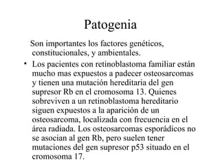 Patogenia
  Son importantes los factores genéticos,
  constitucionales, y ambientales.
• Los pacientes con retinoblastoma familiar están
  mucho mas expuestos a padecer osteosarcomas
  y tienen una mutación hereditaria del gen
  supresor Rb en el cromosoma 13. Quienes
  sobreviven a un retinoblastoma hereditario
  siguen expuestos a la aparición de un
  osteosarcoma, localizada con frecuencia en el
  área radiada. Los osteosarcomas esporádicos no
  se asocian al gen Rb, pero suelen tener
  mutaciones del gen supresor p53 situado en el
  cromosoma 17.
 