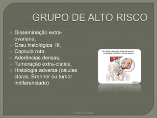  Disseminação extra-
ovariana,
 Grau histológica III,
 Capsula rota,
 Aderências densas,
 Tumoração extra-cística,
 Histologia adversa (células
claras, Brenner ou tumor
indiferenciado)
Chirlei A Ferreira
 