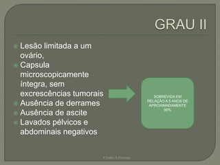  Lesão limitada a um
ovário,
 Capsula
microscopicamente
íntegra, sem
excrescências tumorais
 Ausência de derrames
 Ausência de ascite
 Lavados pélvicos e
abdominais negativos
Chirlei A Ferreira
SOBREVIDA EM
RELAÇÃO A 5 ANOS DE
APROXIMADAMENTE
90%
 