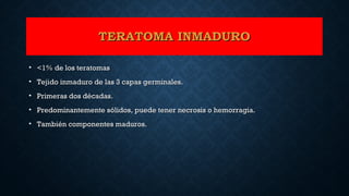 • <1% de los teratomas<1% de los teratomas
• Tejido inmaduro de las 3 capas germinales.Tejido inmaduro de las 3 capas germinales.
• Primeras dos décadas.Primeras dos décadas.
• Predominantemente sólidos, puede tener necrosis o hemorragia.Predominantemente sólidos, puede tener necrosis o hemorragia.
• También componentes maduros.También componentes maduros.
TERATOMA INMADUROTERATOMA INMADURO
 