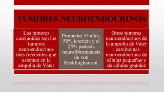 TUMORES NEUROENDOCRINOS
Los tumores
carcinoides son los
tumores
neuroendocrinos
más frecuentes que
asientan en la
ampolla de Váter
Promedio 55 años.
50% ictericia y el
25% padecía
neurofibromatosis
de von
Recklinghausen.
Otros tumores
neuroendócrinos de
la ampolla de Váter
: carcinomas
neuroendócrinos de
células pequeñas y
de células grandes
 
