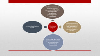 Carcinoma
ampular
El adenocarcinoma de
ampolla de Vater
representa el 10 a 36%
del total de las
neoplasias
periampulares
resecables
Leve predominancia
de la incidencia en el
sexo masculino, la
edad de aparición
oscila entre los 55 y
65 años.
El 76,5% al 78% de los
pacientes con carcinoma
de ampolla tendrán
posibilidad de
resecabilidad
La sobrevida a 5 años es
del 32%.
 