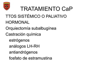 TRATAMIENTO CaP
TTOS SISTÉMICO O PALIATIVO
HORMONAL
Orquiectomía subalbugínea
Castración química
estrógenos
análogos LH-RH
antiandrógenos
fosfato de estramustina
 