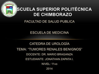 FACULTAD DE SALUD PUBLICA
ESCUELA DE MEDICINA
CATEDRA DE UROLOGÍA
TEMA: “TUMORES RENALES BENIGNOS”
DOCENTE: DR. MARIO BRAGANZA
ESTUDIANTE: JONATHAN ZAPATA I.
NIVEL: 11vo
2014
ESCUELA SUPERIOR POLITÉCNICA
DE CHIMBORAZO
 