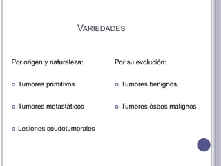 VARIEDADES


Por origen y naturaleza:        Por su evolución:


   Tumores primitivos             Tumores benignos.


   Tumores metastáticos           Tumores óseos malignos


   Lesiones seudotumorales
 