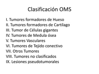 Clasificación OMS
I. Tumores formadores de Hueso
II. Tumores formadores de Cartílago
III. Tumor de Células gigantes
IV. Tumores de Medula ósea
V. Tumores Vasculares
VI. Tumores de Tejido conectivo
VII. Otros Tumores
VIII. Tumores no clasificados
IX. Lesiones pseudotumorales

 