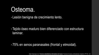 Osteoma.
• Lesión benigna de crecimiento lento.
• Tejido óseo maduro bien diferenciado con estructura
laminar.
• 75% en senos paranasales (frontal y etmoidal).
Adam Greenspan et al. Tumores osteoblásticos (formadores de hueso). Tumores de huesos y articulaciones. Capítulo 2. PP. 25 – 26.
 