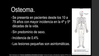 Osteoma.
• Se presenta en pacientes desde los 10 a
79 años con mayor incidencia en la 4ª y 5ª
décadas de la vida.
• Sin predominio de sexo.
•Incidencia de 0.4%
• Las lesiones pequeñas son asintomáticas.
Adam Greenspan et al. Tumores osteoblásticos (formadores de hueso). Tumores de huesos y articulaciones. Capítulo 2. PP. 25 – 26.
 