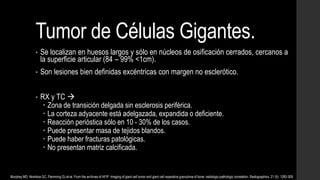 Tumor de Células Gigantes.
• Se localizan en huesos largos y sólo en núcleos de osificación cerrados, cercanos a
la superficie articular (84 – 99% <1cm).
• Son lesiones bien definidas excéntricas con margen no esclerótico.
• RX y TC 
 Zona de transición delgada sin esclerosis periférica.
 La corteza adyacente está adelgazada, expandida o deficiente.
 Reacción perióstica sólo en 10 - 30% de los casos.
 Puede presentar masa de tejidos blandos.
 Puede haber fracturas patológicas.
 No presentan matriz calcificada.
Murphey MD, Nomikos GC, Flemming DJ et-al. From the archives of AFIP. Imaging of giant cell tumor and giant cell reparative granuloma of bone: radiologic-pathologic correlation. Radiographics. 21 (5): 1283-309.
 