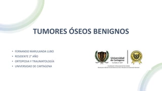 TUMORES ÓSEOS BENIGNOS
• FERNANDO MARULANDA LUBO
• RESIDENTE 2° AÑO
• ORTOPEDIA Y TRAUMATOLOGÍA
• UNIVERSIDAD DE CARTAGENA
 