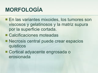 MORFOLOGÍA En las variantes mixoides, los tumores son viscosos y gelatinosos y la matriz supura por la superficie cortada. Calcificaciones moteadas Necrosis central puede crear espacios quisticos Cortical adyacente engrosada o erosionada 