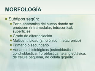 MORFOLOGÍA Subtipos según: Parte anatómica del hueso donde se producen (intramedular, intracortical, superficie) Grado de diferenciación Multicentricidad (sincrónico, metacrónico) Primario o secundario Variantes histológicas (osteoblástica, condroblástica, fibroblástica, telangiectásica, de célula pequeña, de célula gigante) 