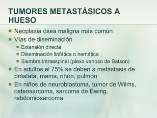TUMORES METASTÁSICOS A HUESO Neoplasia ósea maligna más común Vías de diseminación Extensión directa Diseminación linfática o hemática Siembra intraespinal (plexo venoso de Batson) En adultos el 75% se deben a metástasis de próstata, mama, riñón, pulmón En niños de neuroblastoma, tumor de Wilms, osteosarcoma, sarcoma de Ewing, rabdomiosarcoma 