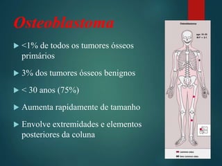Osteoblastoma
 <1% de todos os tumores ósseos
primários
 3% dos tumores ósseos benignos
 < 30 anos (75%)
 Aumenta rapidamente de tamanho
 Envolve extremidades e elementos
posteriores da coluna
 