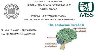 UNIVERSIDAD DE MONTERREY
UNIDAD MEDICA DE ALTA ESPECIALIDAD # 25
ANESTESIOLOGIA
MODULO: NEUROANESTESIOLOGIA
TEMA: ANESTESIA EN TUMORES SUPRATENTORIALES
DR. MIGUEL ANGEL LOPEZ OROPEZA
R3A: ROLANDO WENCES ACEVEDO
 