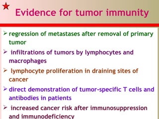  regression of metastases after removal of primary
tumor
 infiltrations of tumors by lymphocytes and
macrophages
 lymphocyte proliferation in draining sites of
cancer
 direct demonstration of tumor-specific T cells and
antibodies in patients
 increased cancer risk after immunosuppression
and immunodeficiency
Evidence for tumor immunity
 