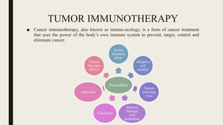 TUMOR IMMUNOTHERAPY
■ Cancer immunotherapy, also known as immun-ocology, is a form of cancer treatment
that uses the power of the body’s own immune system to prevent, target, control and
eliminate cancer.
Procedures
Active
Immuniz
ation
Adoptive
cell
transfer
Tumor-
infecting
virus
Passive
Therapy
with
antibodies
Cytokines
Adjuvants
Cancer
Vaccines
(BCG)
 