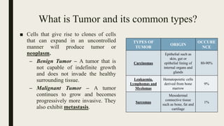 What is Tumor and its common types?
■ Cells that give rise to clones of cells
that can expand in an uncontrolled
manner will produce tumor or
neoplasm.
– Benign Tumor – A tumor that is
not capable of indefinite growth
and does not invade the healthy
surrounding tissue.
– Malignant Tumor – A tumor
continues to grow and becomes
progressively more invasive. They
also exhibit metastasis.
TYPES OF
TUMOR
ORIGIN
OCCURE
NCE
Carcinomas
Epithelial such as
skin, gut or
epithelial lining of
internal organs and
glands
80-90%
Leukaemia,
Lymphomas and
Myelomas
Hematopoietic cells
derived from bone
marrow
9%
Sarcomas
Mesodermal
connective tissue
such as bone, fat and
cartilage
1%
 
