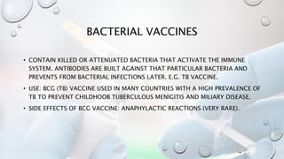 BACTERIAL VACCINES
• CONTAIN KILLED OR ATTENUATED BACTERIA THAT ACTIVATE THE IMMUNE
SYSTEM. ANTIBODIES ARE BUILT AGAINST THAT PARTICULAR BACTERIA AND
PREVENTS FROM BACTERIAL INFECTIONS LATER. E.G. TB VACCINE.
• USE: BCG (TB) VACCINE USED IN MANY COUNTRIES WITH A HIGH PREVALENCE OF
TB TO PREVENT CHILDHOOB TUBERCULOUS MENIGITIS AND MILIARY DISEASE.
• SIDE EFFECTS OF BCG VACCINE: ANAPHYLACTIC REACTIONS (VERY RARE).
 