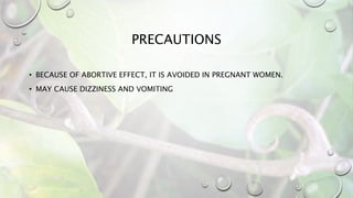 PRECAUTIONS
• BECAUSE OF ABORTIVE EFFECT, IT IS AVOIDED IN PREGNANT WOMEN.
• MAY CAUSE DIZZINESS AND VOMITING
 