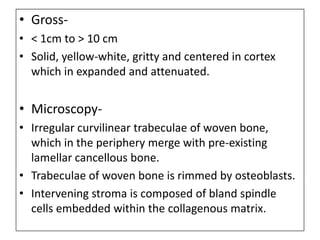 • Gross-
• < 1cm to > 10 cm
• Solid, yellow-white, gritty and centered in cortex
which in expanded and attenuated.
• Microscopy-
• Irregular curvilinear trabeculae of woven bone,
which in the periphery merge with pre-existing
lamellar cancellous bone.
• Trabeculae of woven bone is rimmed by osteoblasts.
• Intervening stroma is composed of bland spindle
cells embedded within the collagenous matrix.
 