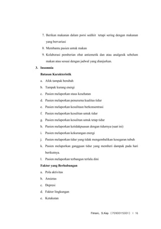 Fitriani, S.Kep (70900115001) | 16
7. Berikan makanan dalam porsi sedikit tetapi sering dengan makanan
yang bervariasi
8. Membantu pasien untuk makan
9. Kolaborasi pemberian obat antiemetik dan atau analgesik sebelum
makan atau sesuai dengan jadwal yang dianjurkan.
3. Insomnia
Batasan Karakteristik
a. Afek tampak berubah
b. Tampak kurang energi
c. Pasien melaporkan staus kesehatan
d. Pasien melaporkan penururna kualitas tidur
e. Pasien melaporkan kesulitasn berkonsentrasi
f. Pasien melaporkan kesulitan untuk tidur
g. Pasien melaporkan kesulitan untuk tetap tidur
h. Pasien melaporkan ketidakpuasan dengan tidurnya (saat ini)
i. Pasien melaporkan kekurangan energi
j. Pasien melaporkan tidur yang tidak mengembalikan kesegaran tubuh
k. Pasien melaporkan gangguan tidur yang memberi dampak pada hari
berikutnya.
l. Pasien melaporkan terbangun terlalu dini
Faktor yang Berhubungan
a. Pola aktivitas
b. Ansietas
c. Depresi
d. Faktor lingkungan
e. Ketakutan
 