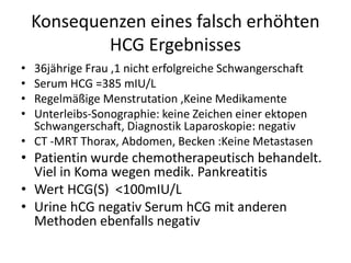 Konsequenzen eines falsch erhöhten
HCG Ergebnisses
• 36jährige Frau ,1 nicht erfolgreiche Schwangerschaft
• Serum HCG =385 mIU/L
• Regelmäßige Menstrutation ,Keine Medikamente
• Unterleibs-Sonographie: keine Zeichen einer ektopen
Schwangerschaft, Diagnostik Laparoskopie: negativ
• CT -MRT Thorax, Abdomen, Becken :Keine Metastasen
• Patientin wurde chemotherapeutisch behandelt.
Viel in Koma wegen medik. Pankreatitis
• Wert HCG(S) <100mIU/L
• Urine hCG negativ Serum hCG mit anderen
Methoden ebenfalls negativ
 