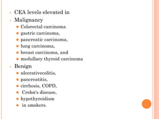 ⦁ CEA levels elevated in
⦁ Malignancy
⚫ Colorectal carcinoma
⚫ gastric carcinoma,
⚫ pancreatic carcinoma,
⚫ lung carcinoma,
⚫ breast carcinoma, and
⚫ medullary thyroid carcinoma
⦁ Benign
⚫ ulcerativecolitis,
⚫ pancreatitis,
⚫ cirrhosis, COPD,
⚫ Crohn's disease,
⚫ hypothyroidism
⚫ in smokers.
 