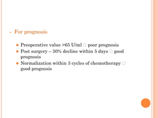 ⦁ For prognosis
⚫ Preoperative value >65 U/ml 🡪 poor prognosis
⚫ Post surgery – 50% decline within 5 days 🡪 good
prognosis
⚫ Normalization within 3 cycles of chemotherapy 🡪
good prognosis
 