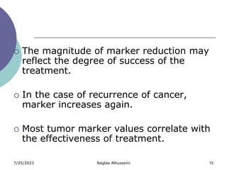 7/25/2023 Naglaa Alhusseini 15
 The magnitude of marker reduction may
reflect the degree of success of the
treatment.
 In the case of recurrence of cancer,
marker increases again.
 Most tumor marker values correlate with
the effectiveness of treatment.
 