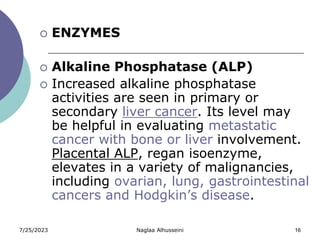 7/25/2023 Naglaa Alhusseini 16
 ENZYMES
 Alkaline Phosphatase (ALP)
 Increased alkaline phosphatase
activities are seen in primary or
secondary liver cancer. Its level may
be helpful in evaluating metastatic
cancer with bone or liver involvement.
Placental ALP, regan isoenzyme,
elevates in a variety of malignancies,
including ovarian, lung, gastrointestinal
cancers and Hodgkin’s disease.
 