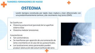 OSTEOMA
Se Clasifica en
● Osteoma yuxtacortical (parostal) de la superficie
externa ósea
● Osteoma medular (enostoma).
Características:
● Son asintomáticos
● Se manifiestan por aparición de una tumoración de
lento crecimiento en el caso de los yustacorticales.
● Las localizaciones senos paranasales pueden
producir obstrucción del ostium (orificio) del seno.
Lesión benigna constituida por tejido óseo maduro y bien diferenciado con
una predominantemente laminar y de crecimiento muy lento (OMS)
TUMORES FORMADORES DE HUESO
 