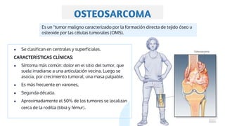 OSTEOSARCOMA
● Se clasifican en centrales y superficiales.
CARACTERÍSTICAS CLÍNICAS:
● Síntoma más común: dolor en el sitio del tumor, que
suele irradiarse a una articulación vecina. Luego se
asocia, por crecimiento tumoral, una masa palpable.
● Es más frecuente en varones,
● Segunda década.
● Aproximadamente el 50% de los tumores se localizan
cerca de la rodilla (tibia y fémur).
Es un "tumor maligno caracterizado por la formación directa de tejido óseo u
osteoide por las células tumorales (OMS).
 