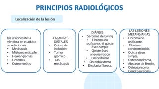 PRINCIPIOS RADIOLÓGICOS
Localización de la lesión
las lesiones de la
vértebra en el adulto
se relacionan
• Metástasis
• Mieloma múltiple
• Hemangiomas
• Linfomas
• Osteomielitis
FALANGES
DISTALES
• Quiste de
inclusión
• Tumor
glómico
• Las
metástasis
DIÁFISIS
• Sarcoma de Ewing
• Fibroma no
osificante, el quiste
óseo simple
• Quiste óseo
aneurismático
• Encondroma
• Osteoblastoma
• Displasia fibrosa.
LAS LESIONES
METAFISIARIAS
• Fibroma no
osificante,
• Fibroma
condromixoide,
• Quiste óseo
simple,
• Osteocondroma,
• Absceso de Brodie,
• Osteosarcoma
• Condrosarcoma
 