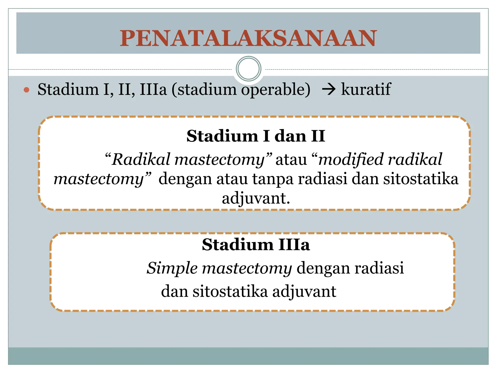 PENATALAKSANAAN
 Stadium I, II, IIIa (stadium operable)  kuratif
Stadium I dan II
“Radikal mastectomy” atau “modified radikal
mastectomy” dengan atau tanpa radiasi dan sitostatika
adjuvant.
Stadium IIIa
Simple mastectomy dengan radiasi
dan sitostatika adjuvant
 