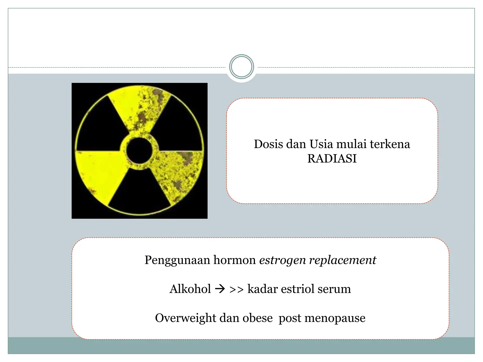 Dosis dan Usia mulai terkena
RADIASI
Penggunaan hormon estrogen replacement
Alkohol  >> kadar estriol serum
Overweight dan obese post menopause
 