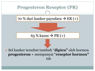 Progesteron Reseptor (PR)
 Sel kanker tersebut tumbuh “dipicu” oleh hormon
progesteron + mempunyai “reseptor hormon”
tsb
70 % dari kanker payudara  ER (+)
65 % kasus  PR (+)
 