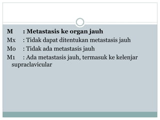 M : Metastasis ke organ jauh
Mx : Tidak dapat ditentukan metastasis jauh
Mo : Tidak ada metastasis jauh
M1 : Ada metastasis jauh, termasuk ke kelenjar
supraclavicular
 
