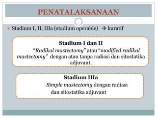 PENATALAKSANAAN
 Stadium I, II, IIIa (stadium operable)  kuratif
Stadium I dan II
“Radikal mastectomy” atau “modified radikal
mastectomy” dengan atau tanpa radiasi dan sitostatika
adjuvant.
Stadium IIIa
Simple mastectomy dengan radiasi
dan sitostatika adjuvant
 