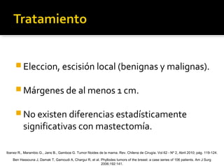  Eleccion, escisión local (benignas y malignas).
 Márgenes de al menos 1 cm.
 No existen diferencias estadísticamente
significativas con mastectomía.
Ibanez R., Marambio G., Jans B., Gamboa G. Tumor filoides de la mama. Rev. Chilena de Cirugía. Vol 62 - Nº 2, Abril 2010; pág. 119-124.
Ben Hassouna J, Damak T, Gamoudi A, Chargui R, et al. Phyllodes tumors of the breast: a case series of 106 patients. Am J Surg
2006;192:141.
 