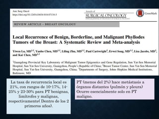 La tasa de recurrencia local es
21%, con rangos de 10-17%, 14-
25% y 23-30% para PT benignas,
limítrofes y malignas,
respectivamente( Dentro de los 2
primeros años).
PT (menos del 2%) hace metástasis a
órganos distantes (pulmón y pleura)
Ocurre esencialmente solo en PT
maligno.
 
